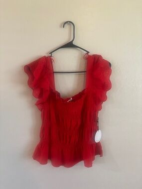 Smocked Red Ruffle Sleeve Women's Blouse